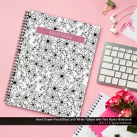 Hand Drawn Floral Black White Pattern & Pink Name Notebook