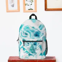 Teal White Liquid Swirls Abstract Monogram Name Printed Backpack