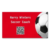 Minimalist Soccer Ball Red QR Code Football Coach Business Card Magnet