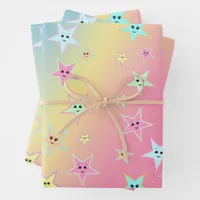 Cute stars with faces in pastel colors    wrapping paper sheets