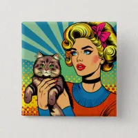 Cartoon Comic Pop Art Women Holding Cat Button