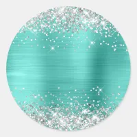 Silver Glitter Metallic Turquoise Blank Classic Round Sticker