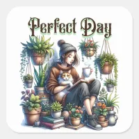 Perfect Day | Girl Reading with Cat and Plants Square Sticker