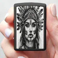 A fierce Indian girl warrior adorned with feathers Zippo Lighter