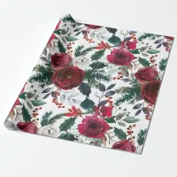 Burgundy Roses, Pine, Holly Christmas Floral Wrapping Paper