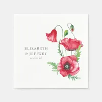 Rustic Elegant Watercolor Script Red Poppy Wedding Napkins