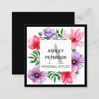 Pink Monogram Floral Girly Cute Personalized Square Business Card