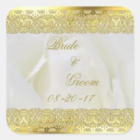 Gold Lace on White Rose Wedding Square Sticker