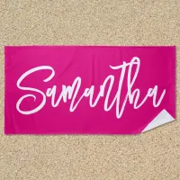 Hot Pink and White Brush Script Beach Towel