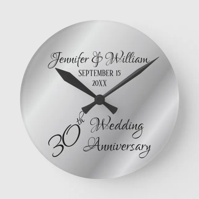 Elegant Silver Custom 30th Wedding Anniversary Round Clock