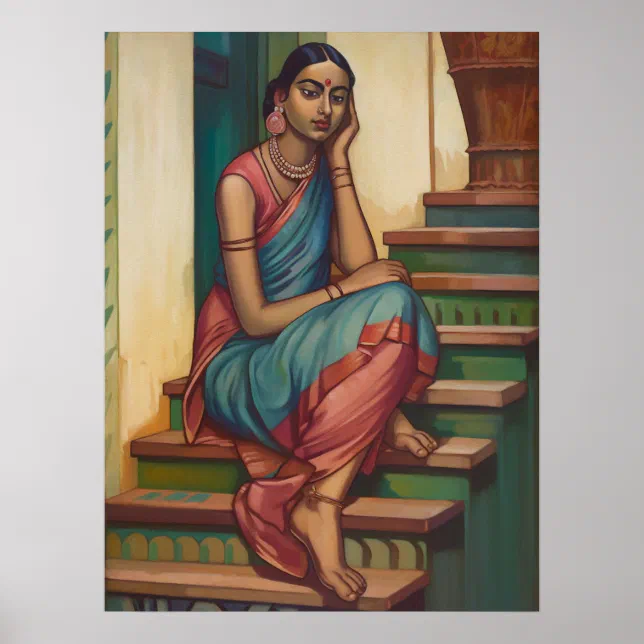 A woman from India engaged in thoughts | Home Wall Poster