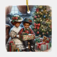 Vintage Kids Opening Christmas Presents  Ceramic Ornament