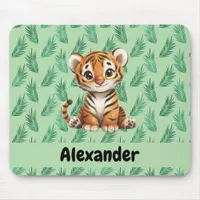 Cute Cartoon Tiger on Tropical Leaves Mouse Pad