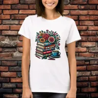 Stack of Vintage Books, Coffee and Flowers T-Shirt