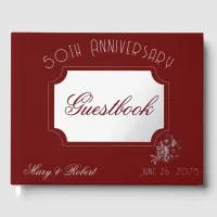 Flourished 50th anniversary in burgundy and white foil guest book 