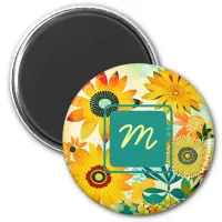 Pretty Folk Art Flowers Monogrammed Magnet