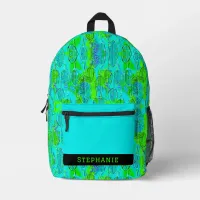 Pretty Lime Green Aqua Blue Leaves with Name Printed Backpack