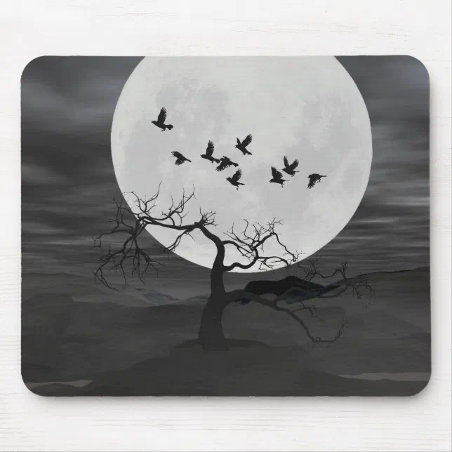 Spooky Ravens Flying Against the Full Moon Mouse Pad