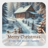 Custom Winter Log Cabin on a Snowy Day Christmas Square Sticker