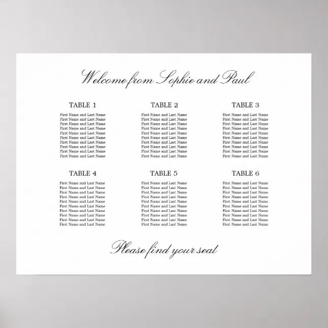 6 Table Elegant Minimalist Seating Chart