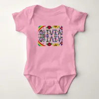 Olivia, Girl's Name Whimsical Folk Art   Baby Bodysuit