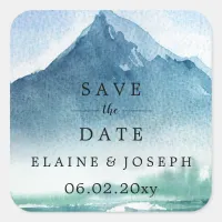 Rustic Watercolor Mountains Lake Save The Date Square Sticker