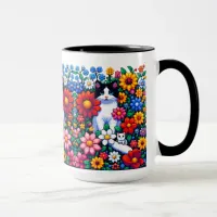 Pixel Art Cat, Kitten and Flowers  Mug