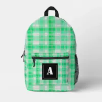 Plaid Pattern Gingham Check Light Green Monogram Printed Backpack