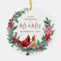 Rustic Christmas Birds Wreath Mr. & Mrs. Photo Ceramic Ornament