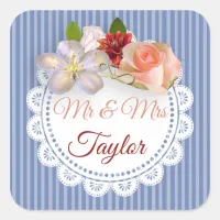 Mr & Mrs Stickers Blue and Coral Floral Rose