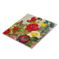 Vintage Flower Bouquet with Butterflies Ceramic Tile