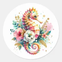 Pink, Blue and Gold Coastal Seahorse Beachy Classic Round Sticker