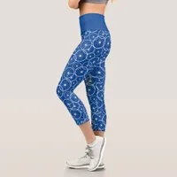 Cycling Bike Wheels Blue White Patterned Capri Leggings