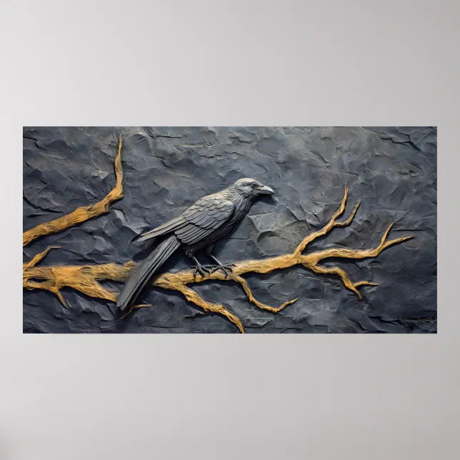 Perched raven in bas relief on slate wall poster