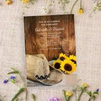 Cowboy Hat, Sunflowers Barn Wood Engagement Party Invitation