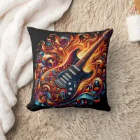 Vibrant, fiery guitar throw pillow