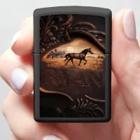 Carved Horse Sunset Scene Zippo Lighter