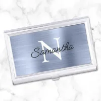 Light Dusty Blue Faux Metallic Foil Monogram Business Card Case