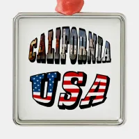 California Picture and USA Flag Text Metal Ornament