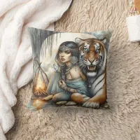 Native American Woman With Tiger Throw Pillow