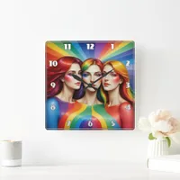 Three Women Celebrating Colorful Diversity Square Wall Clock