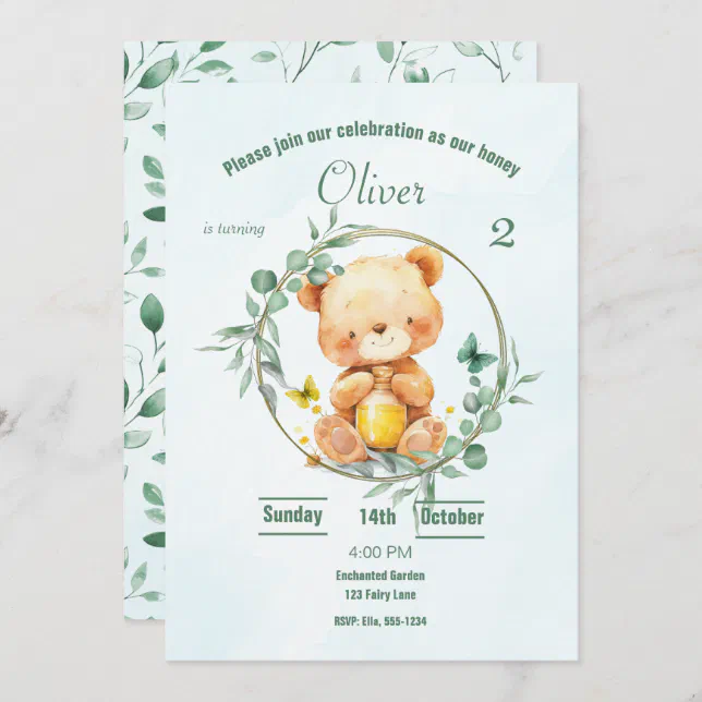 Cute Bear Honey Greenery Boy Birthday  Invitation