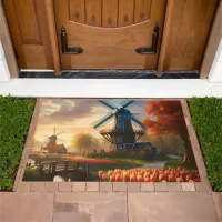 Windmill in Dutch Countryside by River with Tulips Doormat