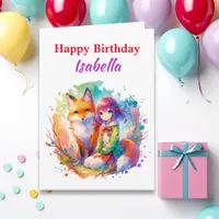 Personalized Watercolor Anime Girl Fox Birthday Card