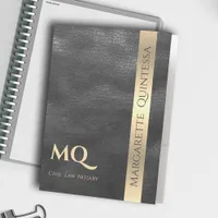 Stylish Black Leather Gold Stripe Monogrammed Name Pocket Folder