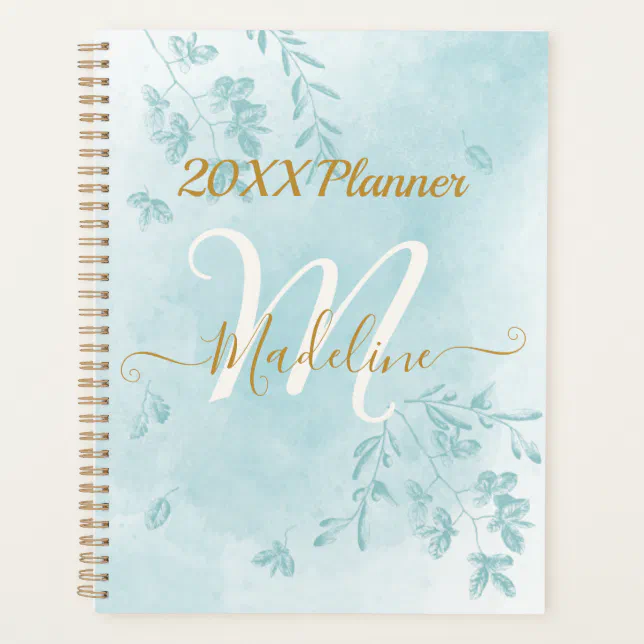 Watercolor Blue Leaves Monogram Planner