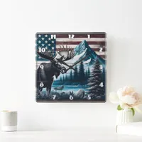 Moose Against Mountain and Flag Background Square Wall Clock