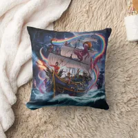 Pirate Ship Engaged in Battle Under Stormy Skies Throw Pillow