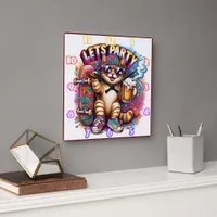 Cat partying with skateboard and drink square wall clock