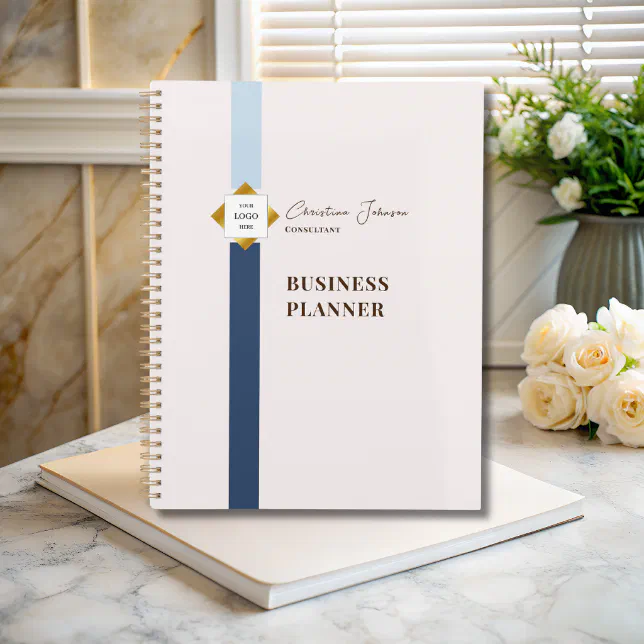 Trendy Blue Stripes Gold Logo Planner